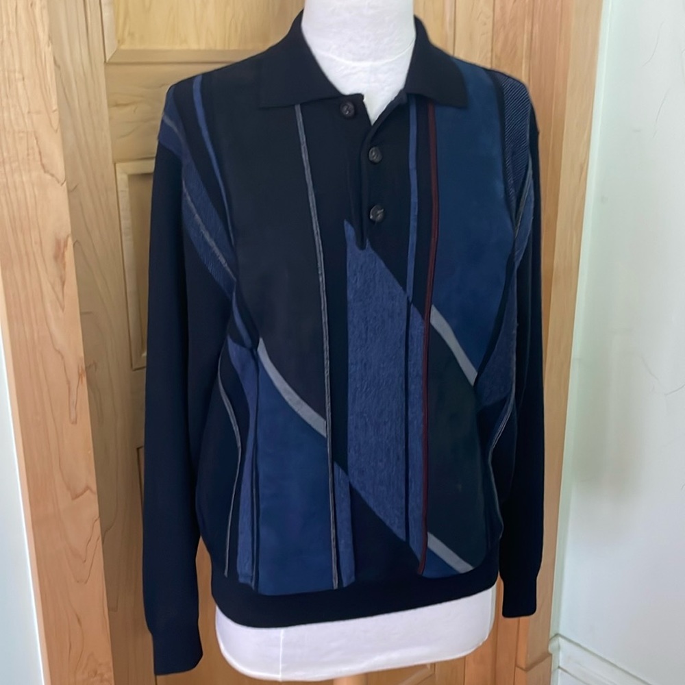🇮🇹 Vintage John Friday Knitwear Grandpa Blue Geometric Pattern Sweater, Size M